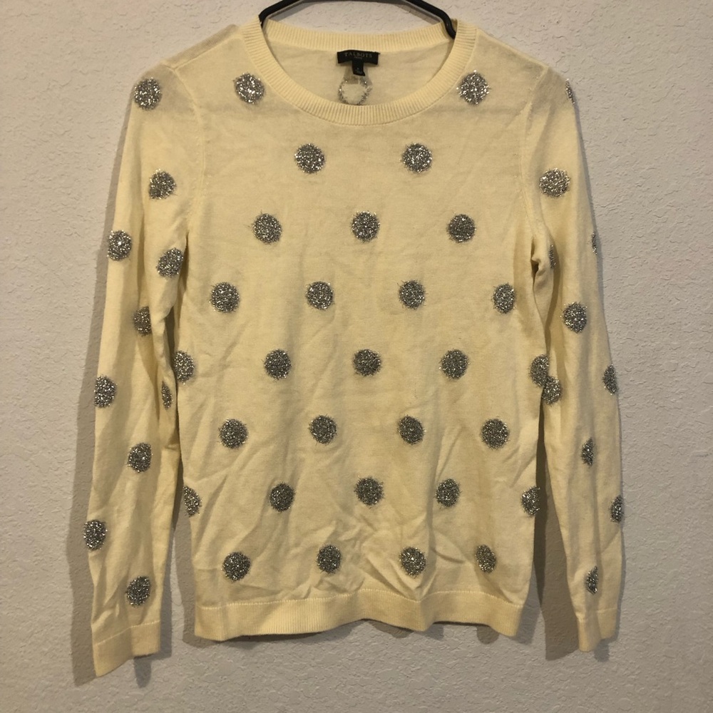 Talbots Petite Lamb's Wool Fabric Mix Cream and Metallic Pom Pom Sweater